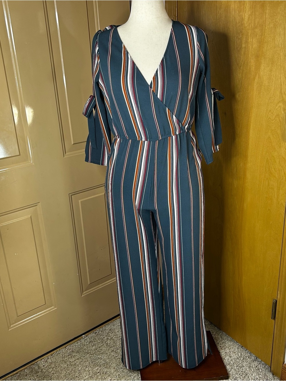 Speechless Teal Vertical-Striped Jumpsuit with Tie Sleeves